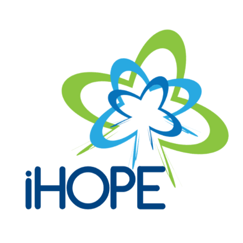 iHope program logo featuring overlapping green and blue abstract floral shapes, symbolizing connection and support, with the word “iHOPE” in bold navy and blue lettering.
